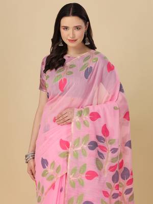 Light pink woven cotton saree with blouse 2