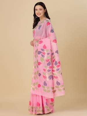 Light pink woven cotton saree with blouse 3