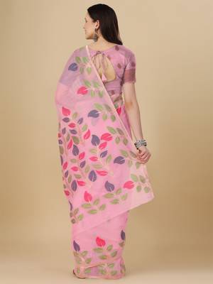 Light pink woven cotton saree with blouse 4