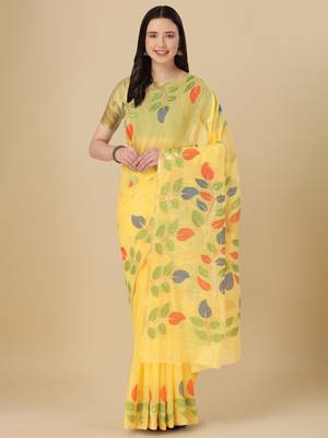 Light yellow woven cotton saree with blouse 1