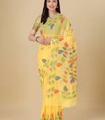 Light yellow woven cotton saree with blouse
