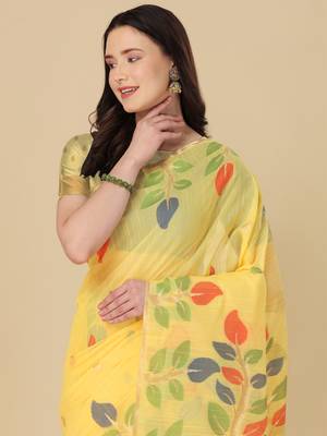Light yellow woven cotton saree with blouse 2
