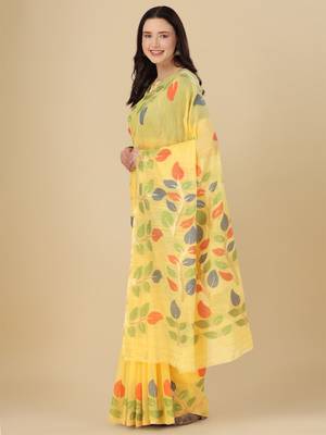 Light yellow woven cotton saree with blouse 3