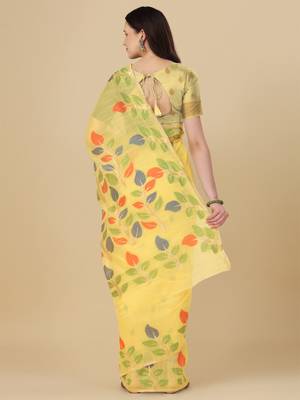 Light yellow woven cotton saree with blouse 4
