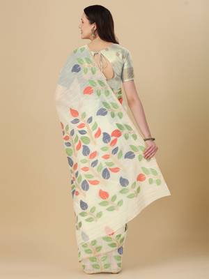 Off white woven cotton saree with blouse 4