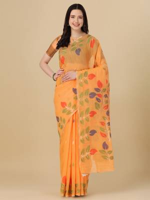 Orange woven cotton saree with blouse 1