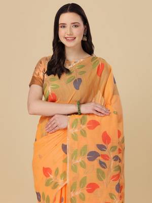 Orange woven cotton saree with blouse 2