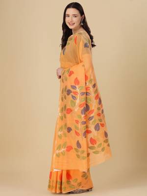 Orange woven cotton saree with blouse 3