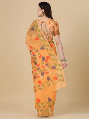 Orange woven cotton saree with blouse 4