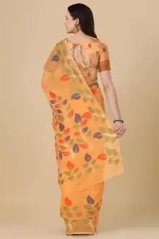 Orange woven cotton saree with blouse