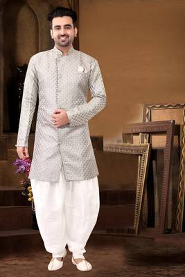 mens gray jacquard sherwani 1