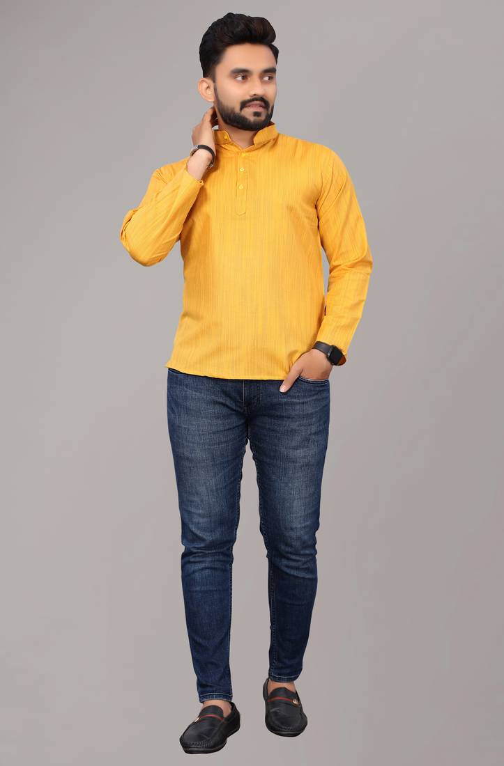 Men's Yellow Solid Cotton Kurta
