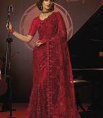 Red embroidered net saree with blouse
