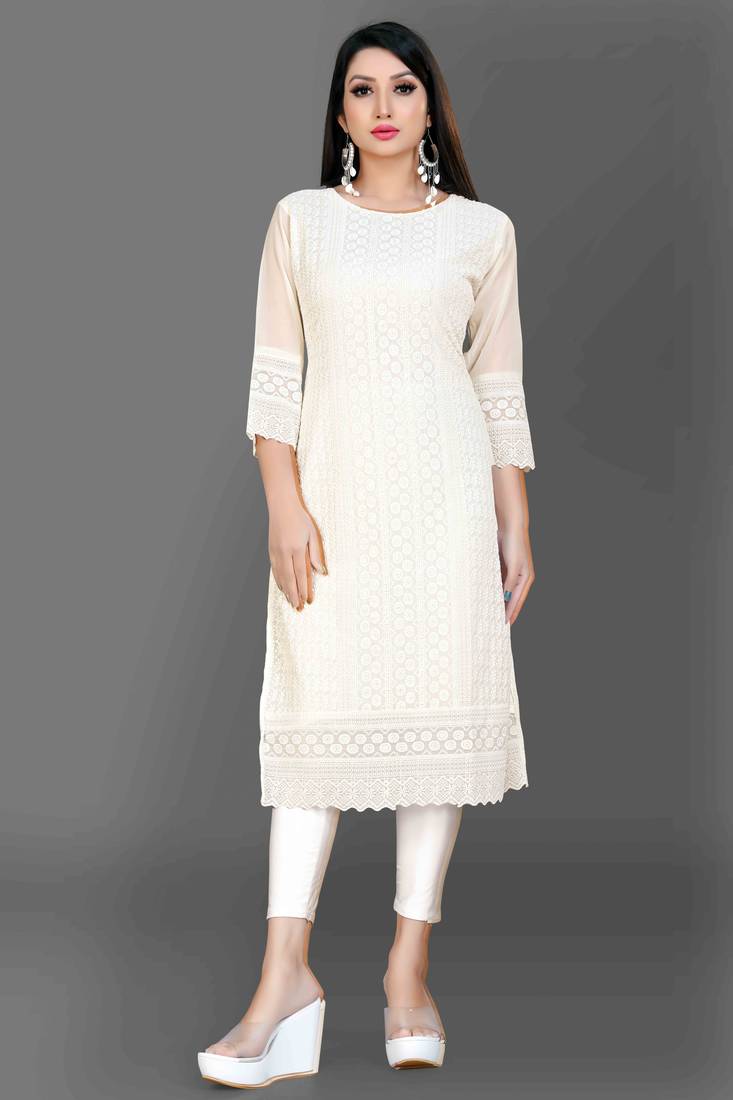 Wlosea Fashion Georgette Chiffon Chikankari Embroidery off White stitched Only Kurti