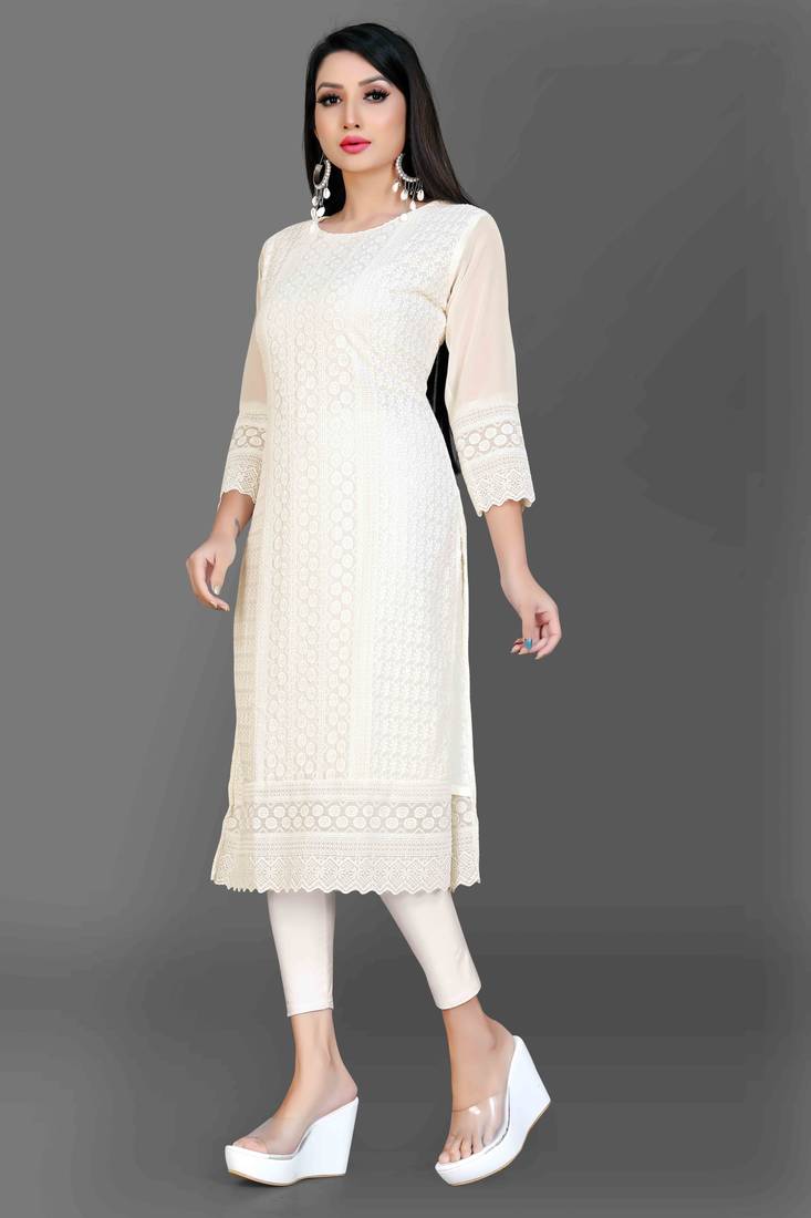 Wlosea Fashion Georgette Chiffon Chikankari Embroidery off White stitched Only Kurti