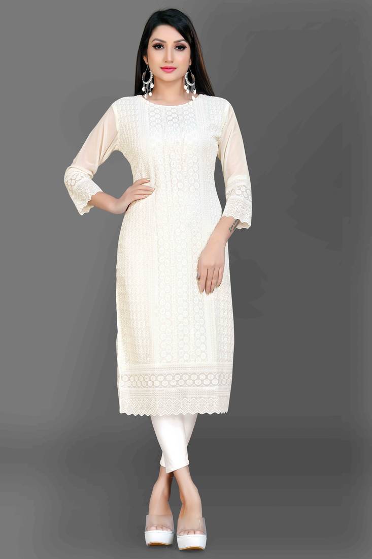 Wlosea Fashion Georgette Chiffon Chikankari Embroidery off White stitched Only Kurti