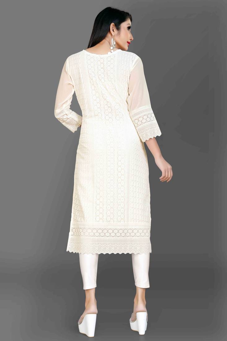 Wlosea Fashion Georgette Chiffon Chikankari Embroidery off White stitched Only Kurti