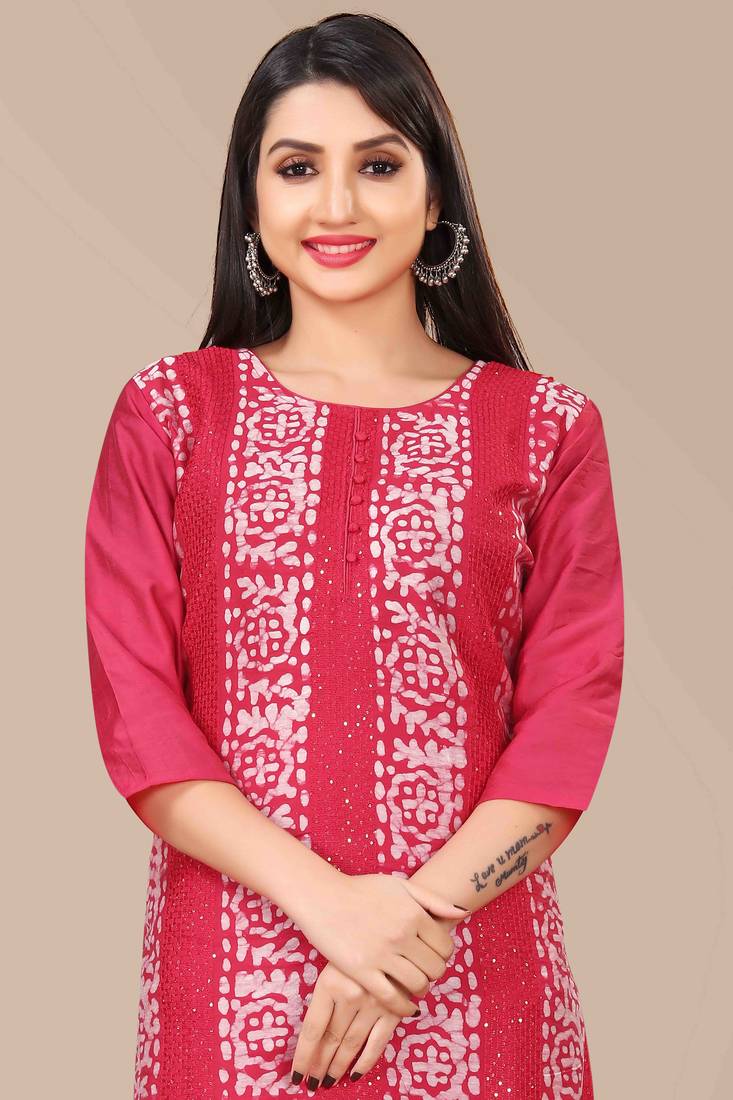 Wlosea Fashion Chanderi Batik Print Embroidery red stitched Only Kurti