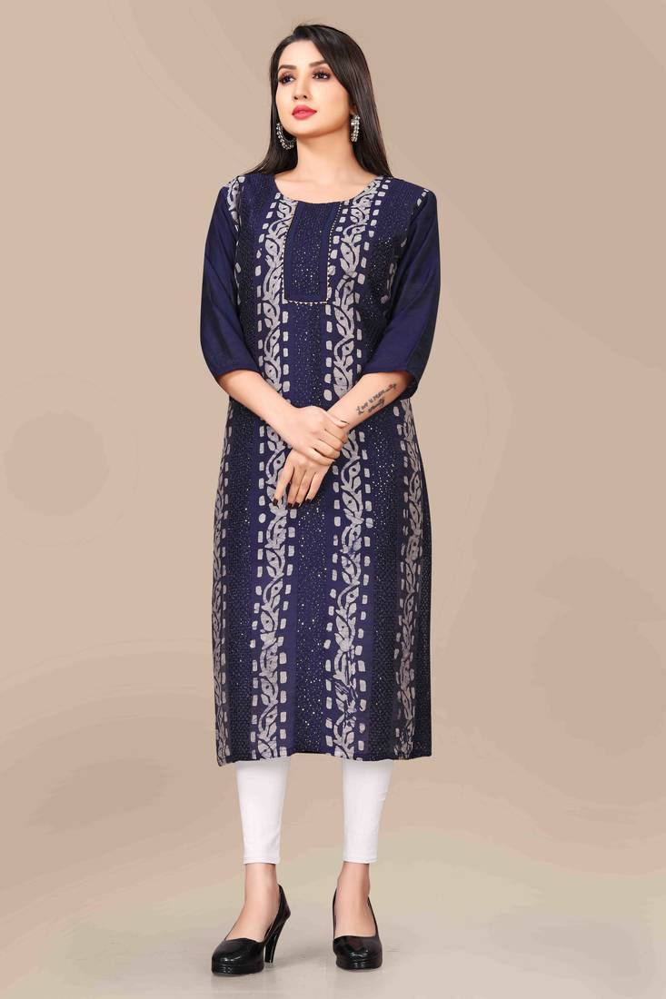 Wlosea Fashion Chanderi Batik Print Embroidery Blue stitched Only Kurti
