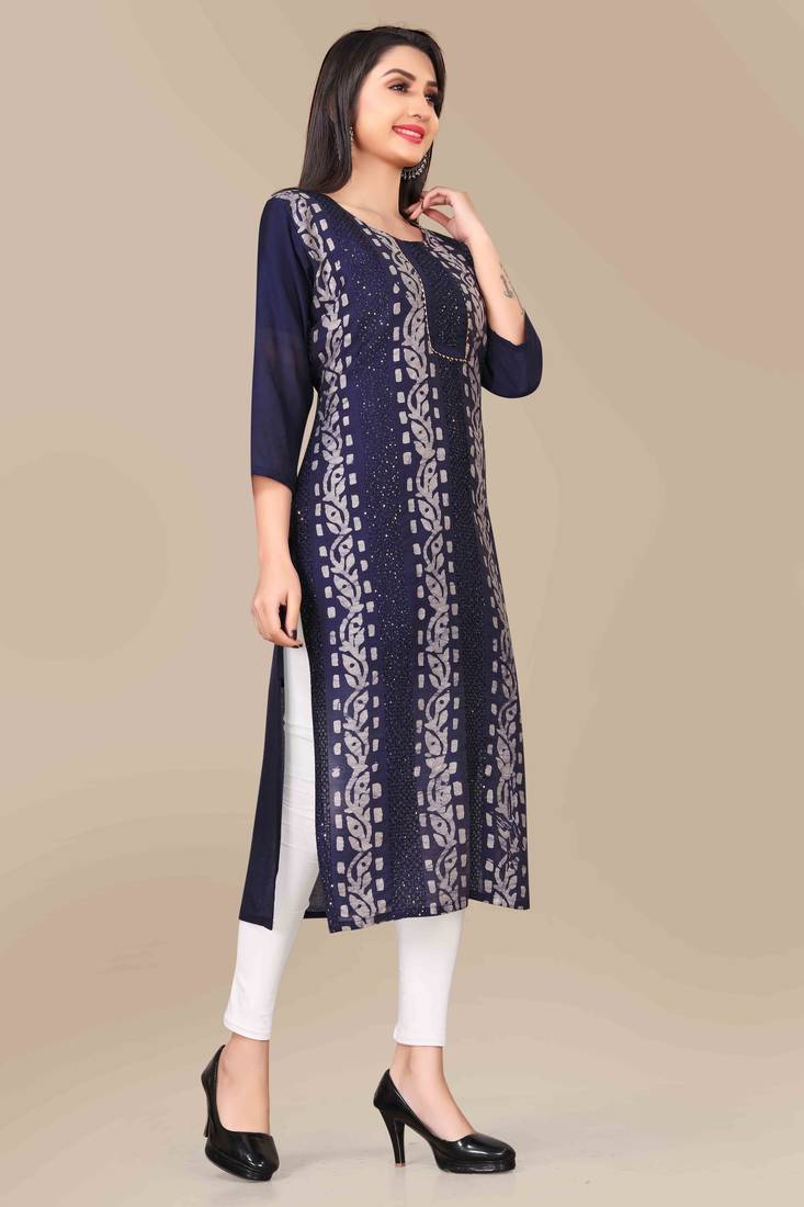 Wlosea Fashion Chanderi Batik Print Embroidery Blue stitched Only Kurti