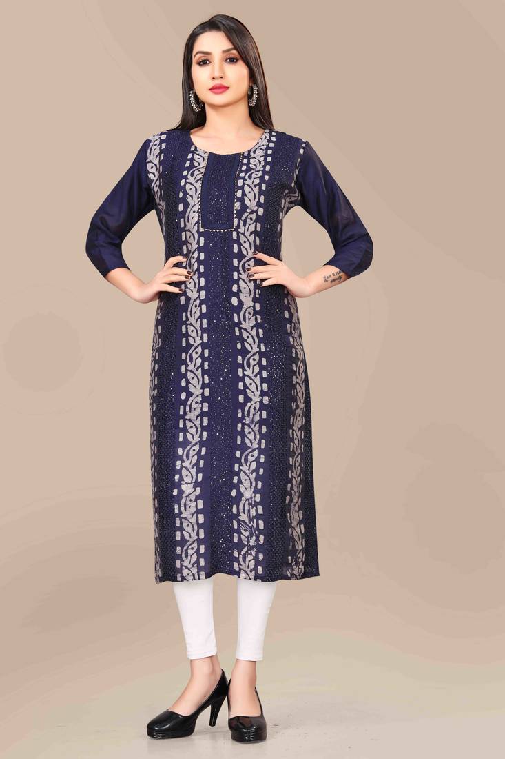 Wlosea Fashion Chanderi Batik Print Embroidery Blue stitched Only Kurti
