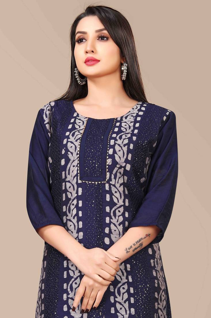 Wlosea Fashion Chanderi Batik Print Embroidery Blue stitched Only Kurti
