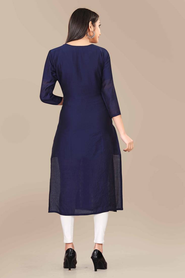 Wlosea Fashion Chanderi Batik Print Embroidery Blue stitched Only Kurti