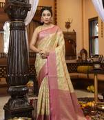 Beige woven organza saree with blouse
