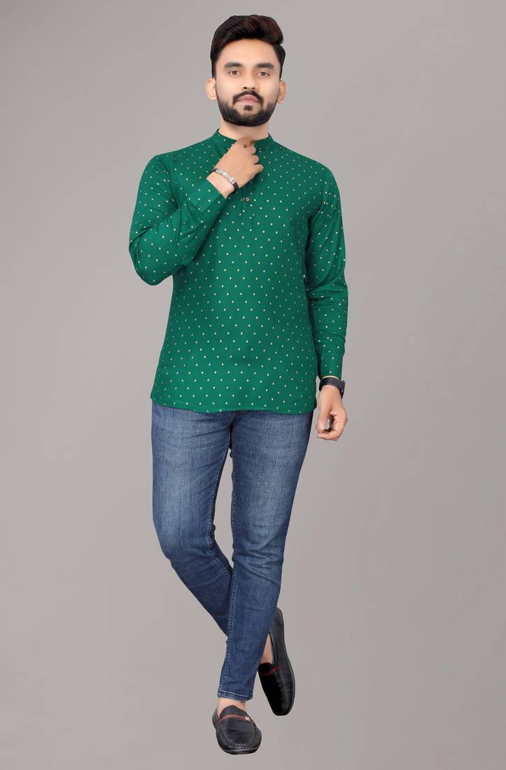 Men's Green Foil Print Long Viscose Kurta