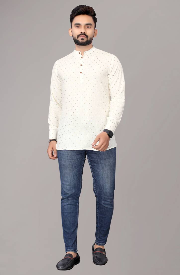 Men's Off White Foil Print Long Viscose Kurta