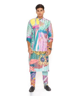 Purple Tropical Print Dupion Silk Bandi With Silkmul Kurta And Churidar 1