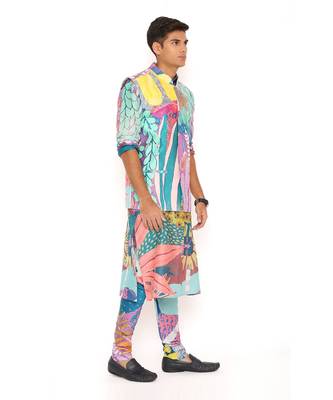 Purple Tropical Print Dupion Silk Bandi With Silkmul Kurta And Churidar 2