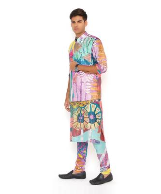 Purple Tropical Print Dupion Silk Bandi With Silkmul Kurta And Churidar 3