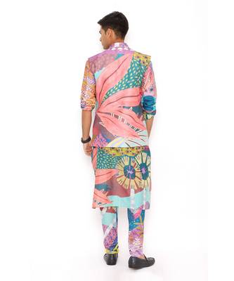 Purple Tropical Print Dupion Silk Bandi With Silkmul Kurta And Churidar 4