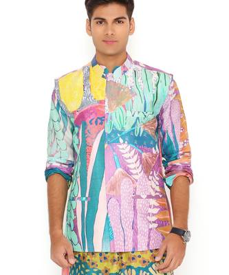 Purple Tropical Print Dupion Silk Bandi With Silkmul Kurta And Churidar 5