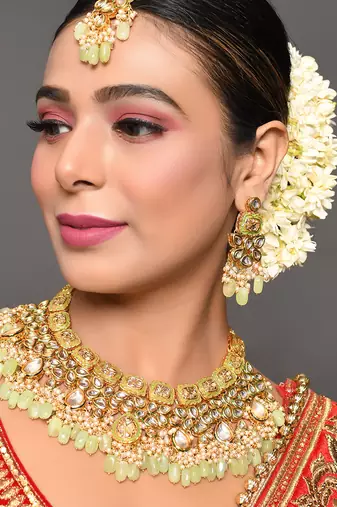 Handcrafted Kundan Enameled Necklace With Earrings & Maang Tika