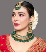 Green Gold Tone Kundan Enameled Necklace And Earrings With Maangtikka