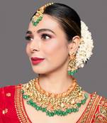 Green Red Gold Toned Handcrafted Kundan Necklace With Matching Earrings & Maangtikka