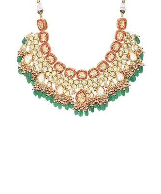 Green Red Gold Toned Handcrafted Kundan Necklace With Matching Earrings & Maangtikka 4