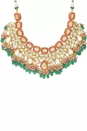 Green Red Gold Toned Handcrafted Kundan Necklace With Matching Earrings & Maangtikka