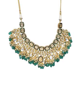 Green Gold Tone Kundan Enameled Necklace And Earrings With Maangtikka 5