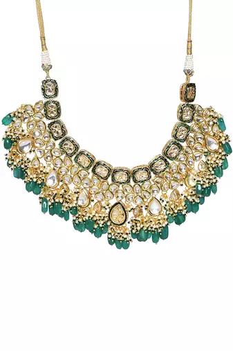 Green Gold Tone Kundan Enameled Necklace And Earrings With Maangtikka