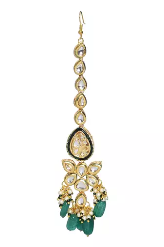Green Gold Tone Kundan Enameled Necklace And Earrings With Maangtikka