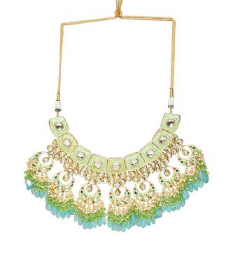 Green Enameled Kundan Maharani Necklace And Earrings With Maangtikka 4