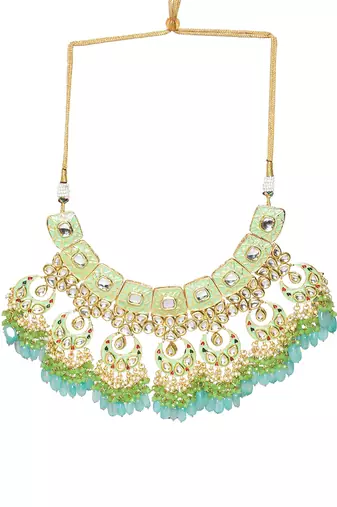Green Enameled Kundan Maharani Necklace And Earrings With Maangtikka