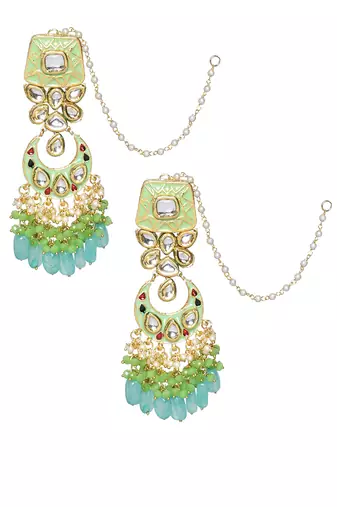 Green Enameled Kundan Maharani Necklace And Earrings With Maangtikka