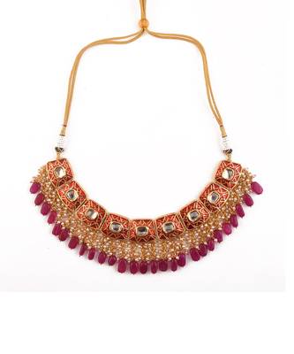 Kundan Inspired Mahroon Enameled Necklace And Earrings With Maangtikka 5