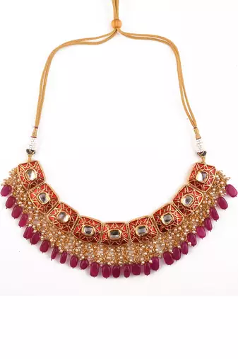 Kundan Inspired Mahroon Enameled Necklace And Earrings With Maangtikka