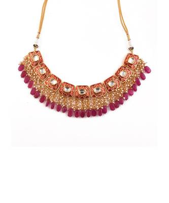 Kundan Inspired Mahroon Enameled Necklace And Earrings With Maangtikka 6