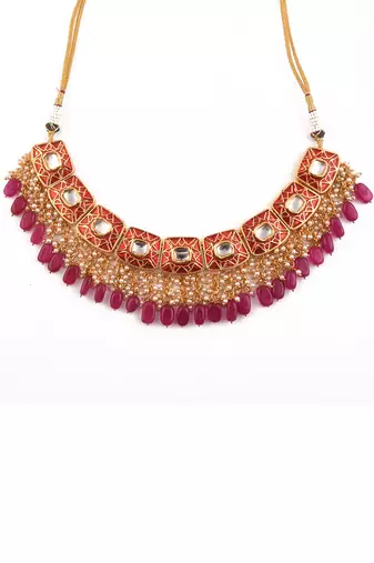 Kundan Inspired Mahroon Enameled Necklace And Earrings With Maangtikka